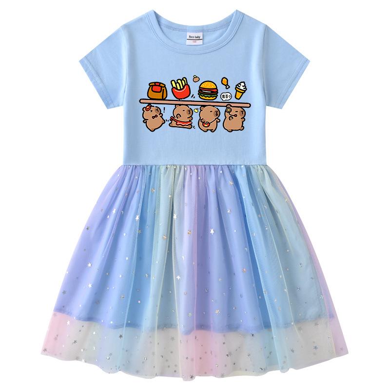 Korean Style Children's Princess Dress with Stars, Rainbow Sequins, Mesh Pleats, Short/Long Sleeves for Spring, Summer, Autumn