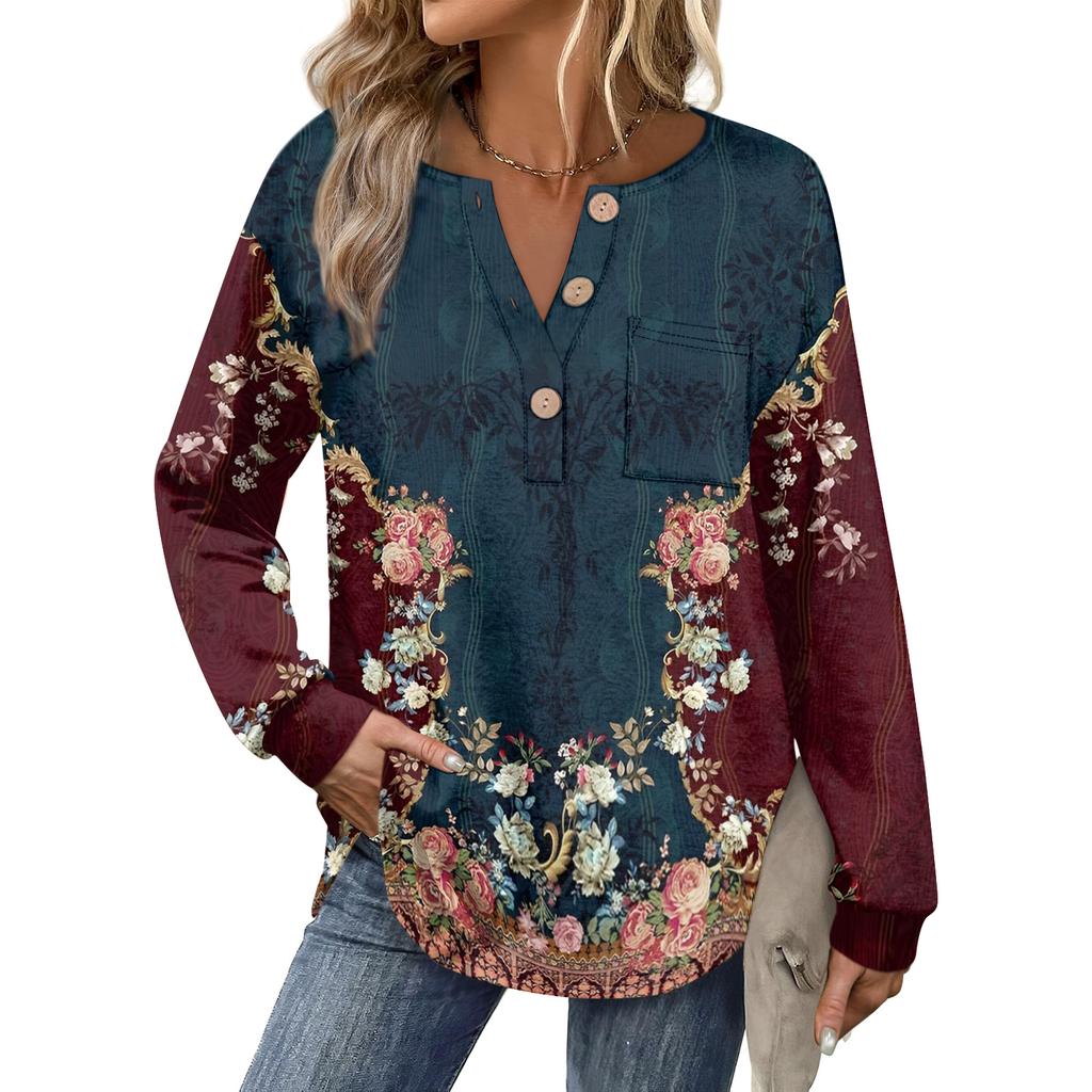 Women's Retro Printed Fashionable Long-sleeved Top