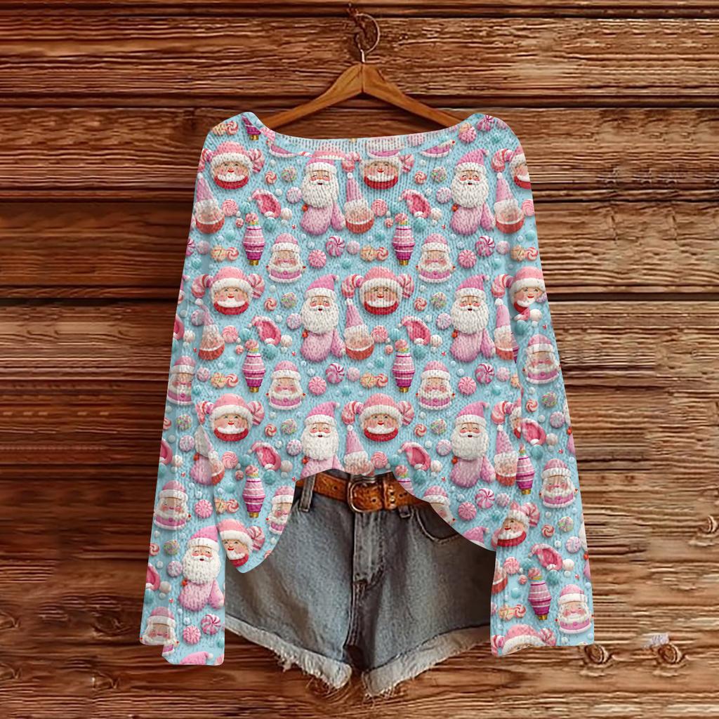 Women's Fashion Christmas Print Lightweight Sweater Casual Long-Sleeve Knit Pullover Top