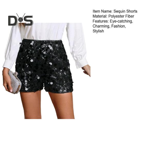 Sequin Shorts for Women Elastic Waist Straight Leg Sparkly Party Mini Shorts High Waist Shiny Nightclub Outfits