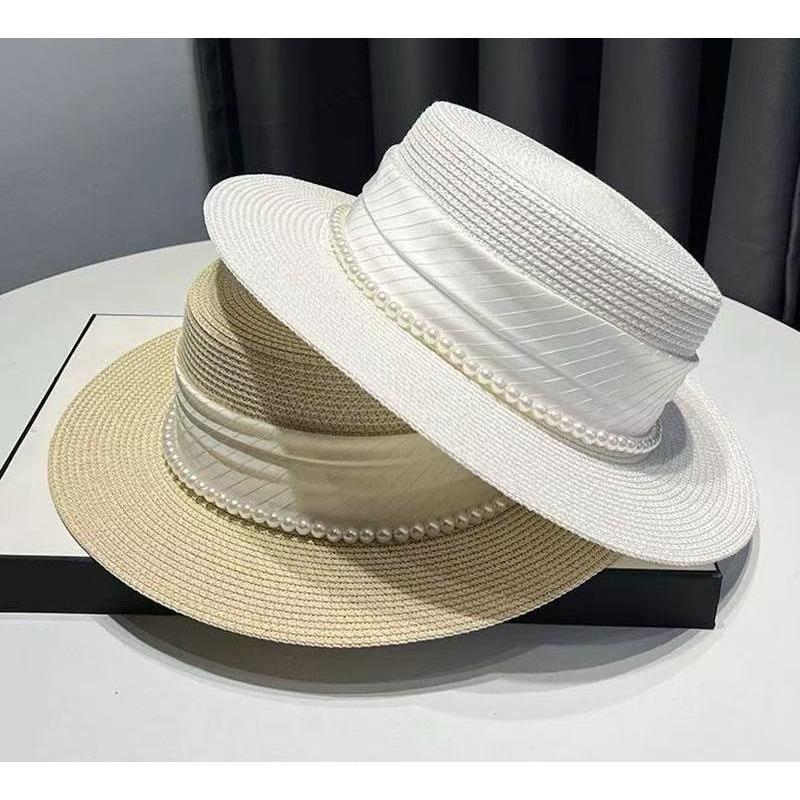 Meimeier Women's new summer retro french pearl straw hat - perfect for beach trips, flat top socialite style