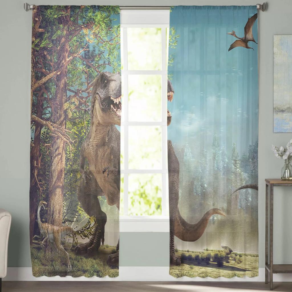 Jurassic 3D Dinosaur Virgin Forest Sheer Curtains for Living Room Bedroom Tulle Window Drapes for Kitchen Decoration