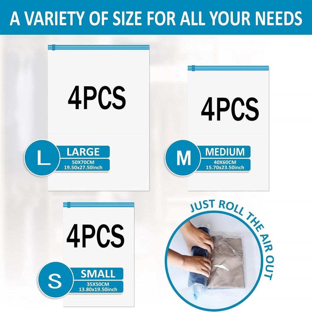 10 Pack Compression Bags Travel Essentials Space Saver Bags Hand Roll-Up Airtight Vacuum Storage Bags Clothes Organizers