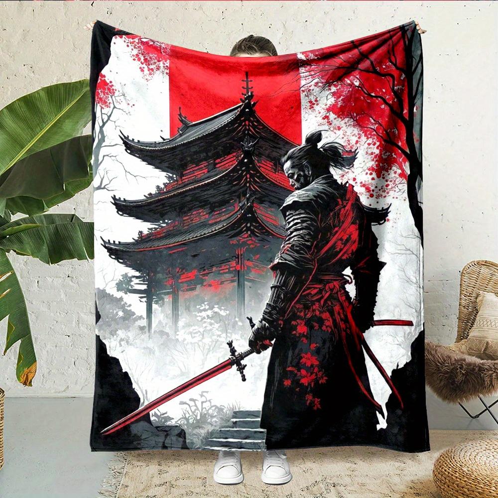 

Japanese Samurai Spirit Soft Flannel Throw Blanket All-Season Comfort Cartoon Print Easy-Care Perfect Bed Sofa Camping Travel 30x40in
