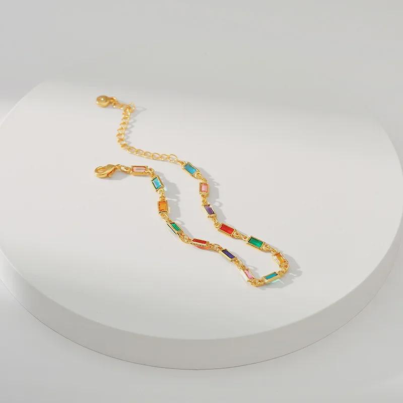 Handmade 18K Gold-Plated Copper Bracelet with Colored Glass and Diamonds