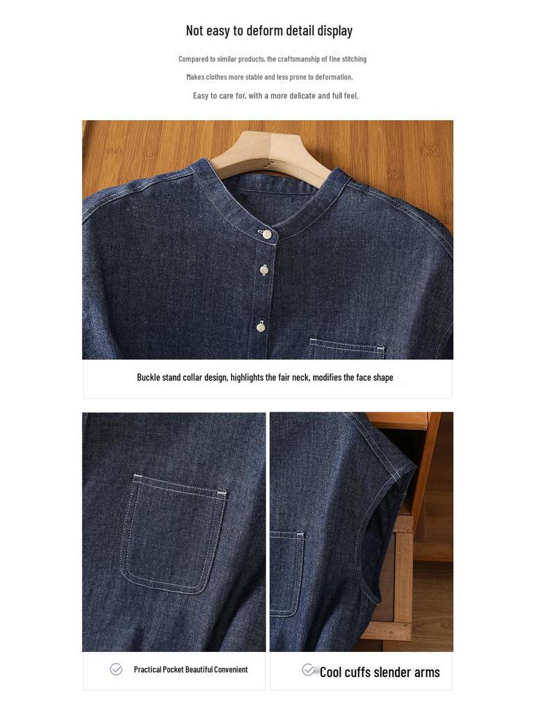 2025 Damen Retro Blau Denim Ärmelloses Sommerhemd