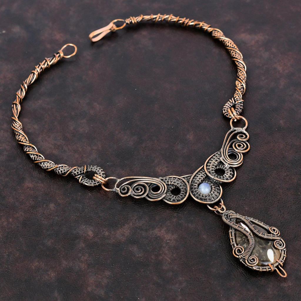 Peanut Wood Jasper Necklace Copper Wire Wrapped Jewelry Real Gemstone Necklace Handmade Copper Necklace Wire Wrap Rainbow Moonstone Necklace