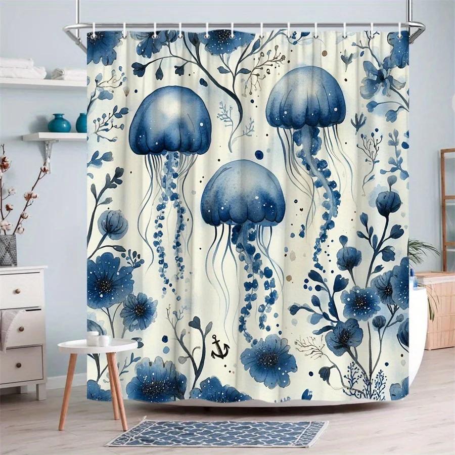 Textile Article Blue 1Pc Jellyfish Shower Curtain - Digital Watercolor Translucent Design With Bell-Shaped Bodies, Trailing Tentacles & Aquatic
