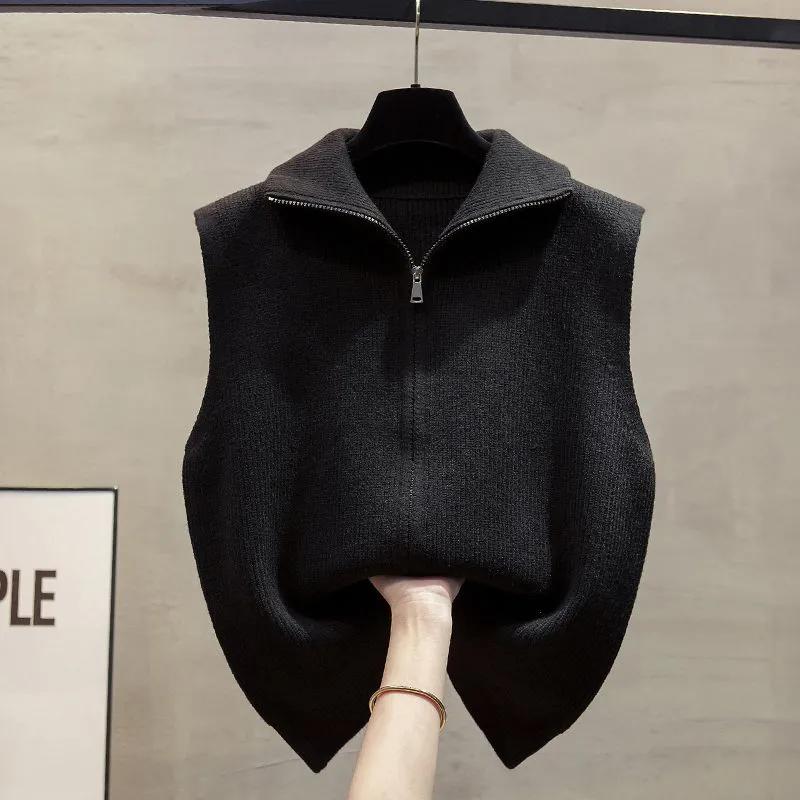 Women's Spring/Fall Turn-Down Collar Korean-Style Stand-Up Collar Double-Zip Knit Vest—Loose-Fitting, Casual, Layering Sweater