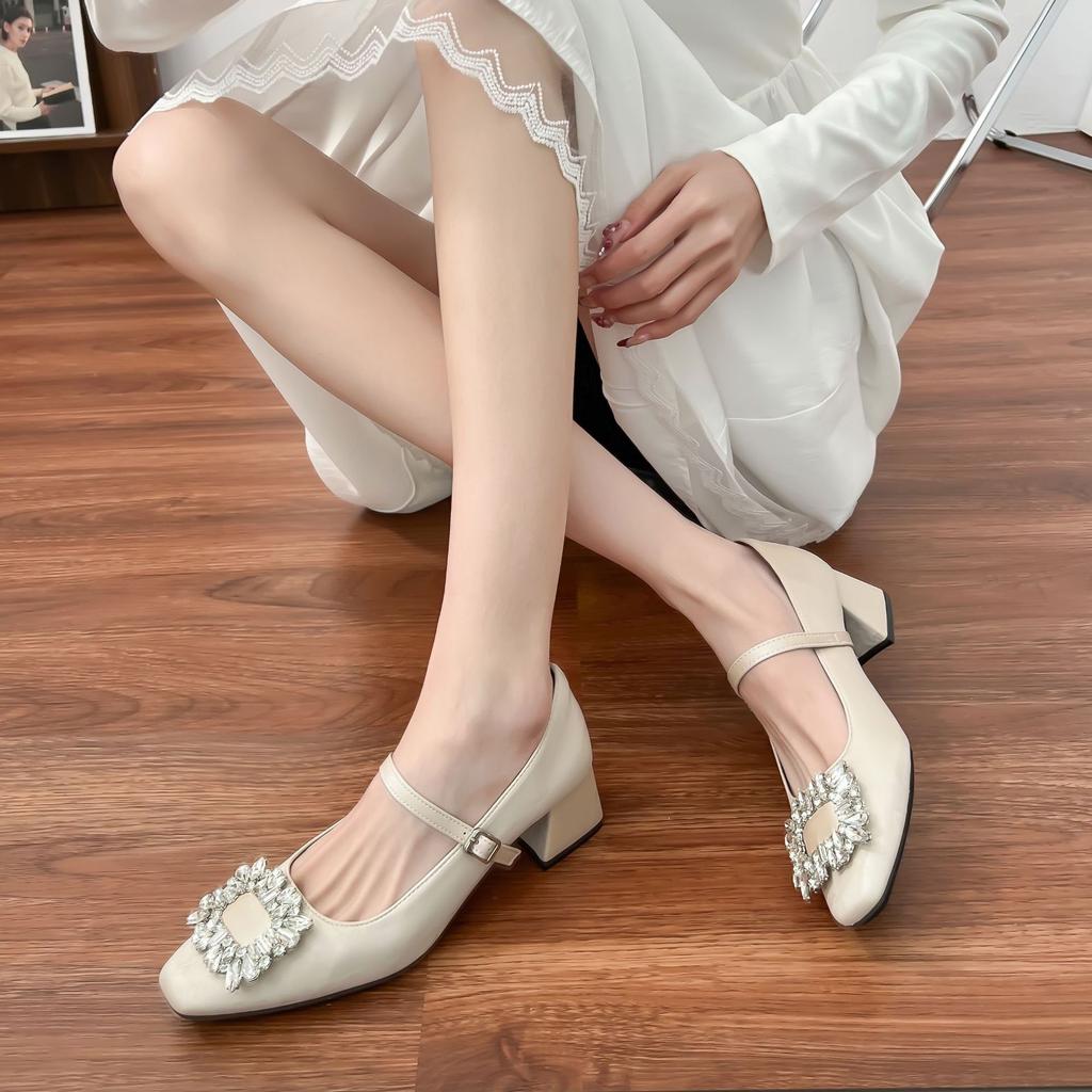 Grape Mother Spring New Mary Jane Shoes Women's Rhinestone Square Buckle Shallow Mouth Single Shoes Women's 2025 Light Luxury High Heels Women