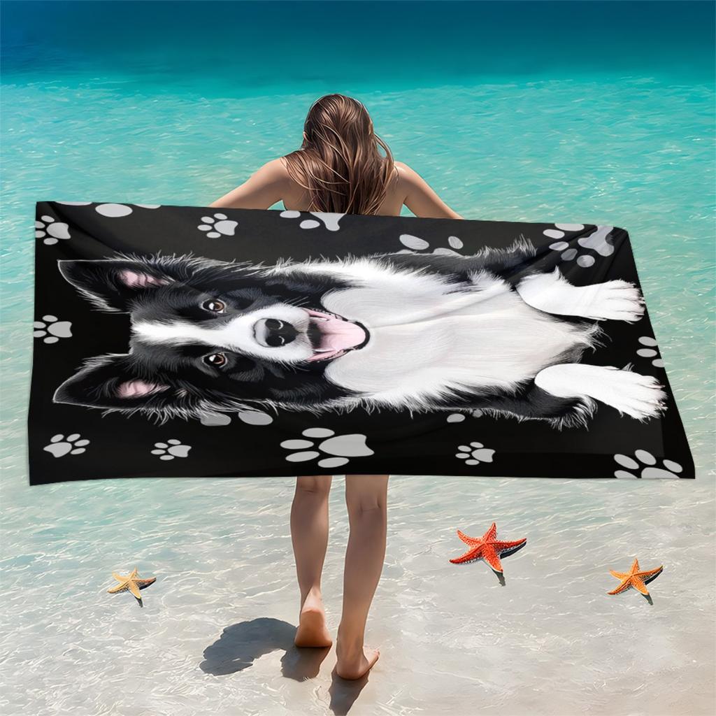 Artistic Border Collie Paw Pattern Microfiber Beach Towel Soft Ultra Absorbent Lightweight Towel for Beach Party Camping Travel