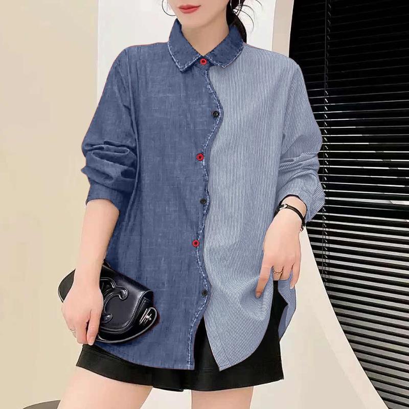 ZANZEA Women Casual Turn Down Collar Long Sleeve Splice Blouse