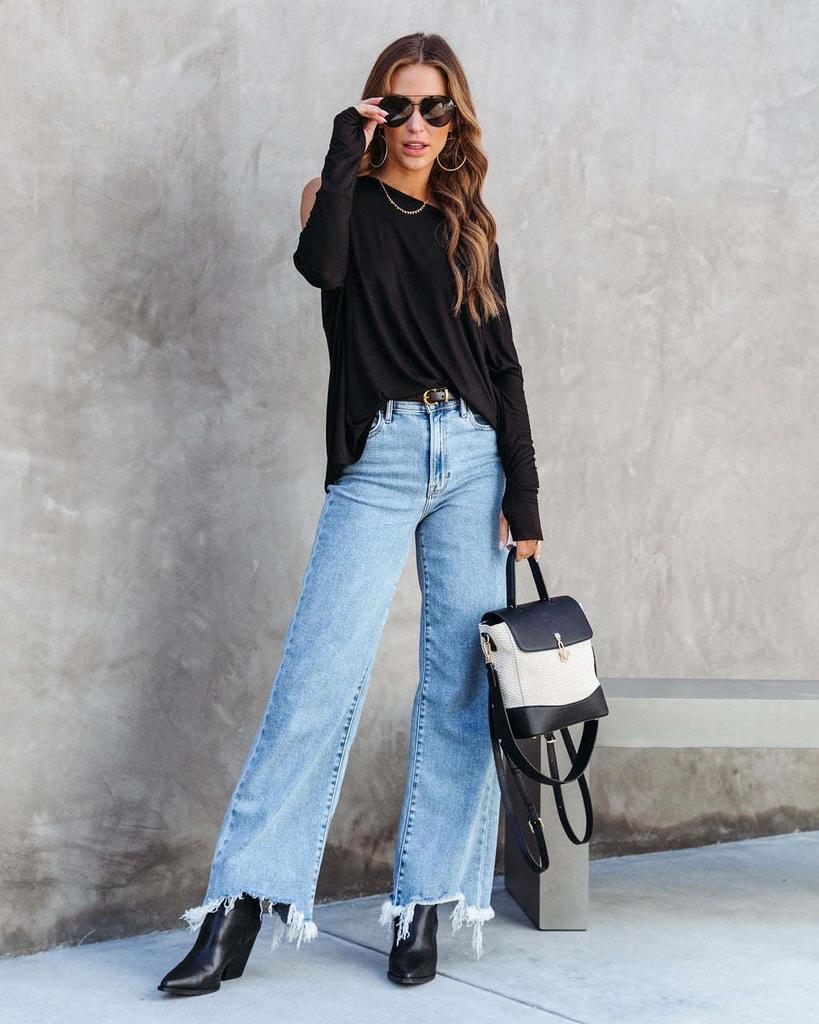2023 Women's Casual Wide-Leg Denim Pants with Irregular Fringed Hem