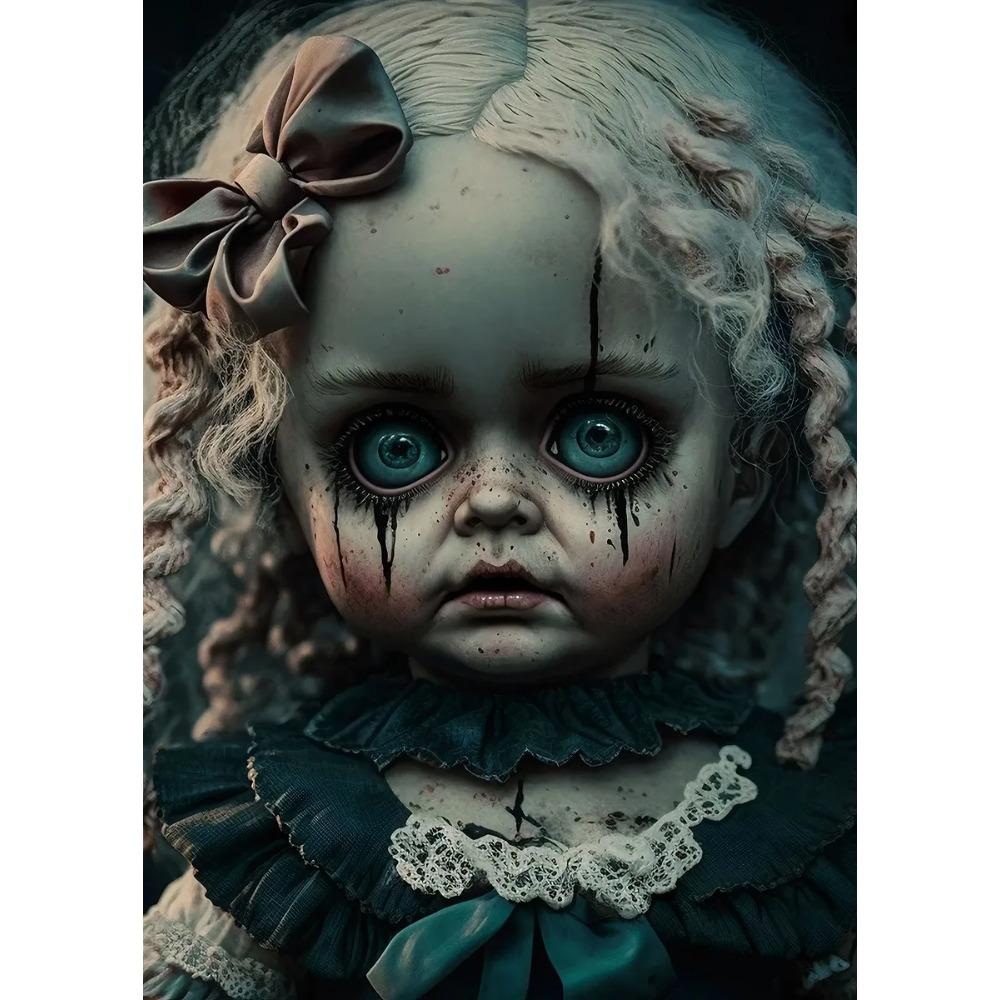 Vintage Gruselige Puppe Poster Blondes Haar Rissiges Gesicht Gotische Verfluchte Puppe Drucke Leinwandbild Wandbild Heim Wohnzimmer Dekor