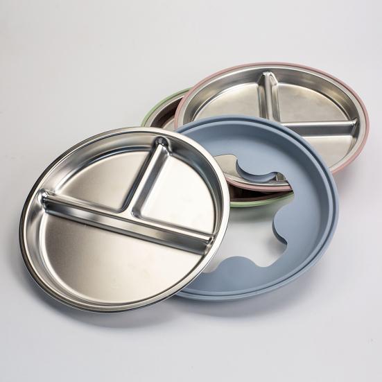 Divided Dining Plate with Suction Cups Stainless Steel Baby Plates Toddler Meal Tray Non-Slip Silicone Cover Heat-Insulated Feeding Tray