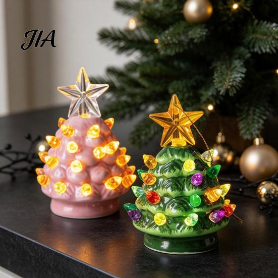 Mini Christmas Tree Decorations Ornament, Glowing Retro Resin Tabletop Decor with Star Charming Home Holiday Displays Topper, Vintage Xmas Trees Night