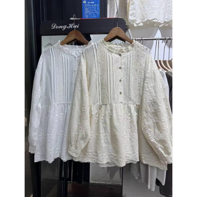 Heavy Embroidery Doll Shirt with Sweet Lace Collar – Women's Autumn Japanese Mori Girl Style Long-Sleeved Pullover.