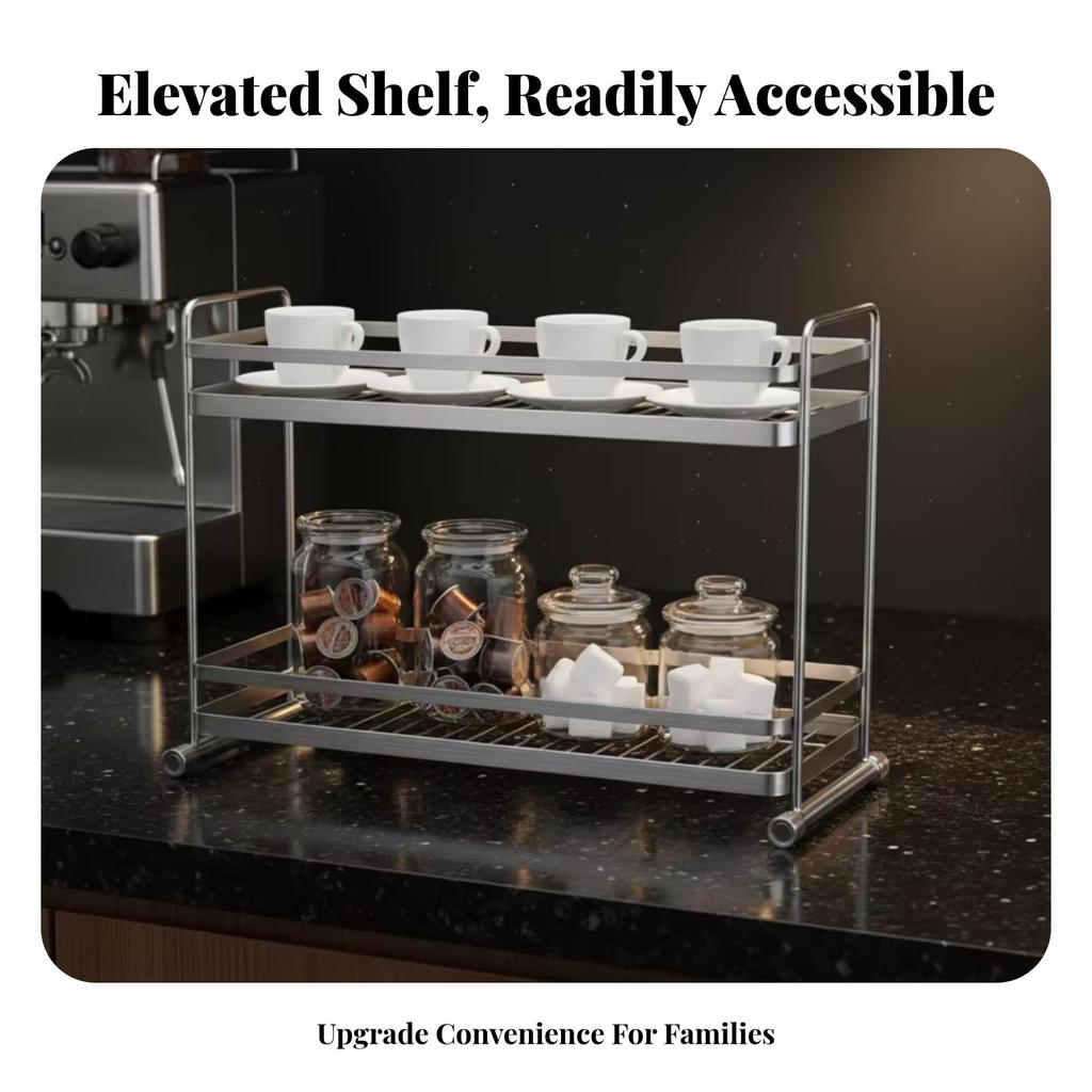 TwoTier Storage Rack Brushed Silver Slatted Shelf Raised Rails Countertop Organizer for Kitchen,