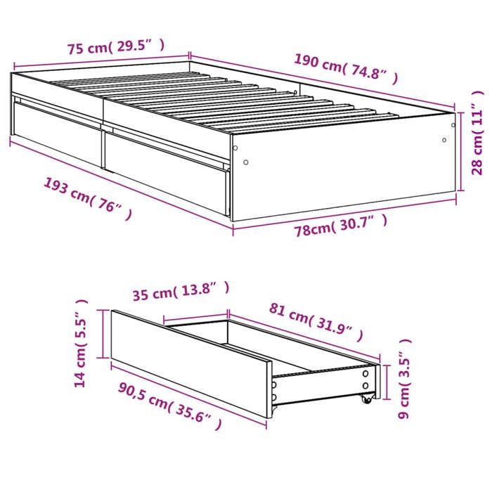 VidaXL Cadre de lit et tiroirs chêne sonoma 75x190cm bois d'ingénierie, lit, lit de rangement, cadre de lit simple, lit 3280715