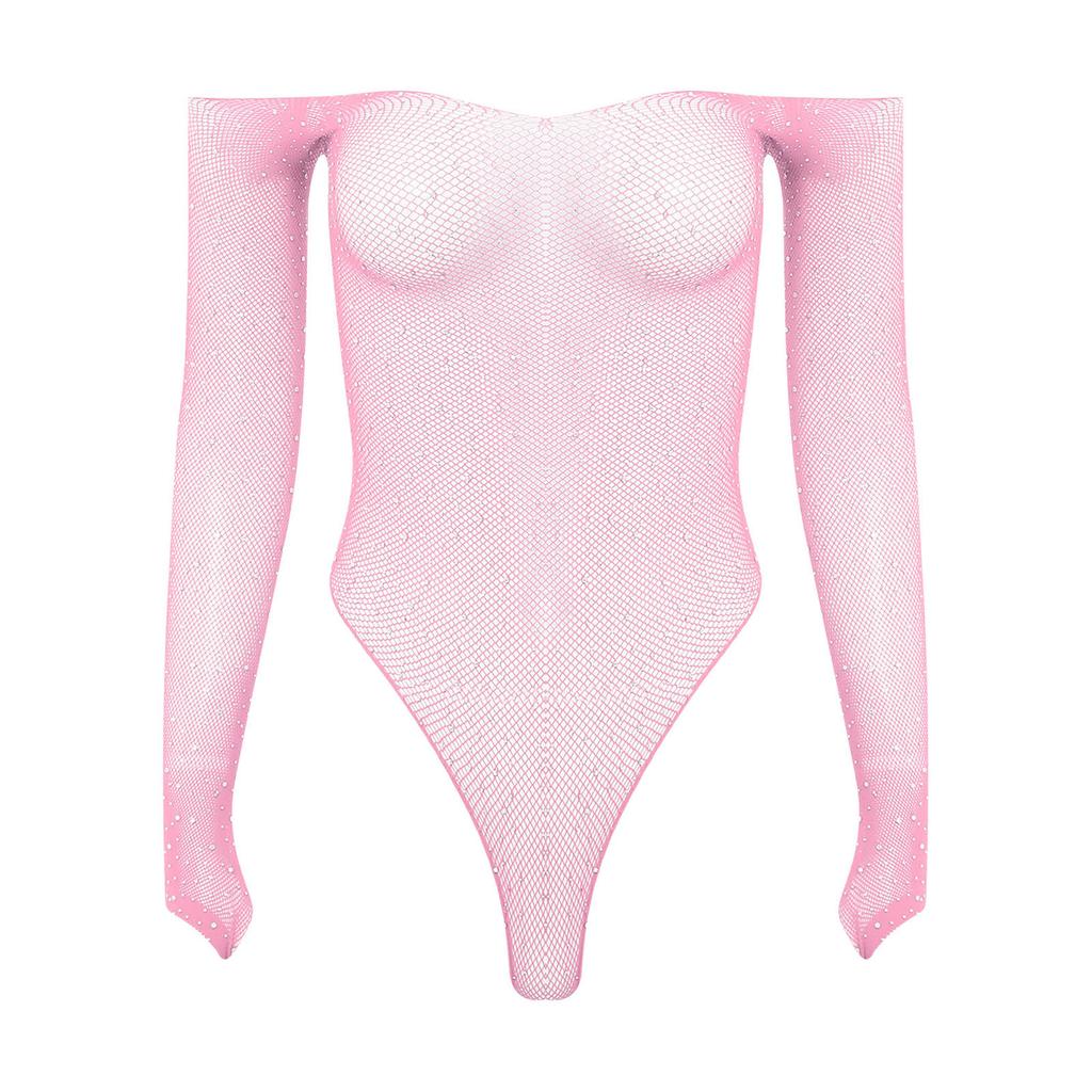 Damen glänzender Strassnetz-Off-Shoulder-Body mit langen Ärmeln, dehnbar