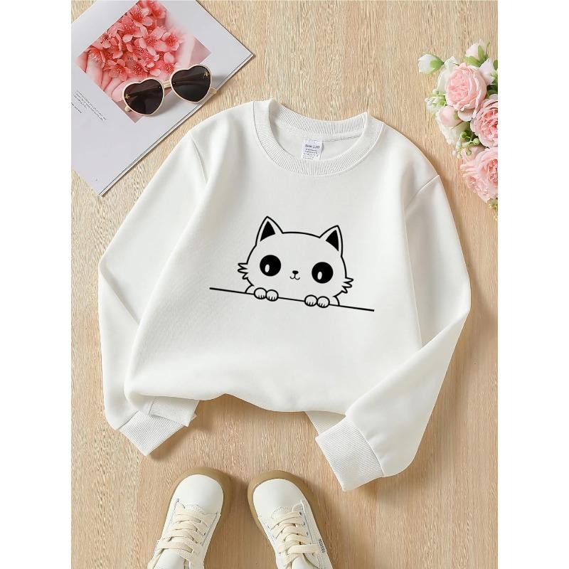 European Sizes Cute Cat Peekaboo Black White Kids' Hoodie, Round Neck Hoodie, Children's Long Sleeved T-shirt, Casual Multi Colored