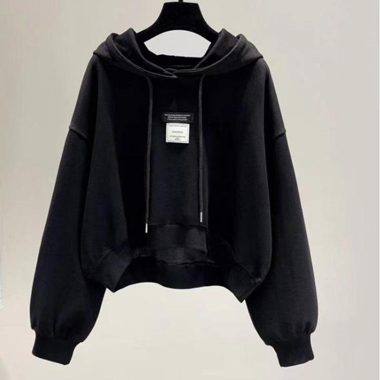 

Fashion Hooded Cropped Sweatshirt Women Loose Pullover Thin Top Casual Long Sleeve Drawstring XXL чорний
