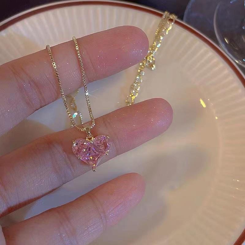 Heart Shaped Zircon Pendant Necklace with Gold Tone Chain Adjustable Length for Women and Girls Jewelry Gift