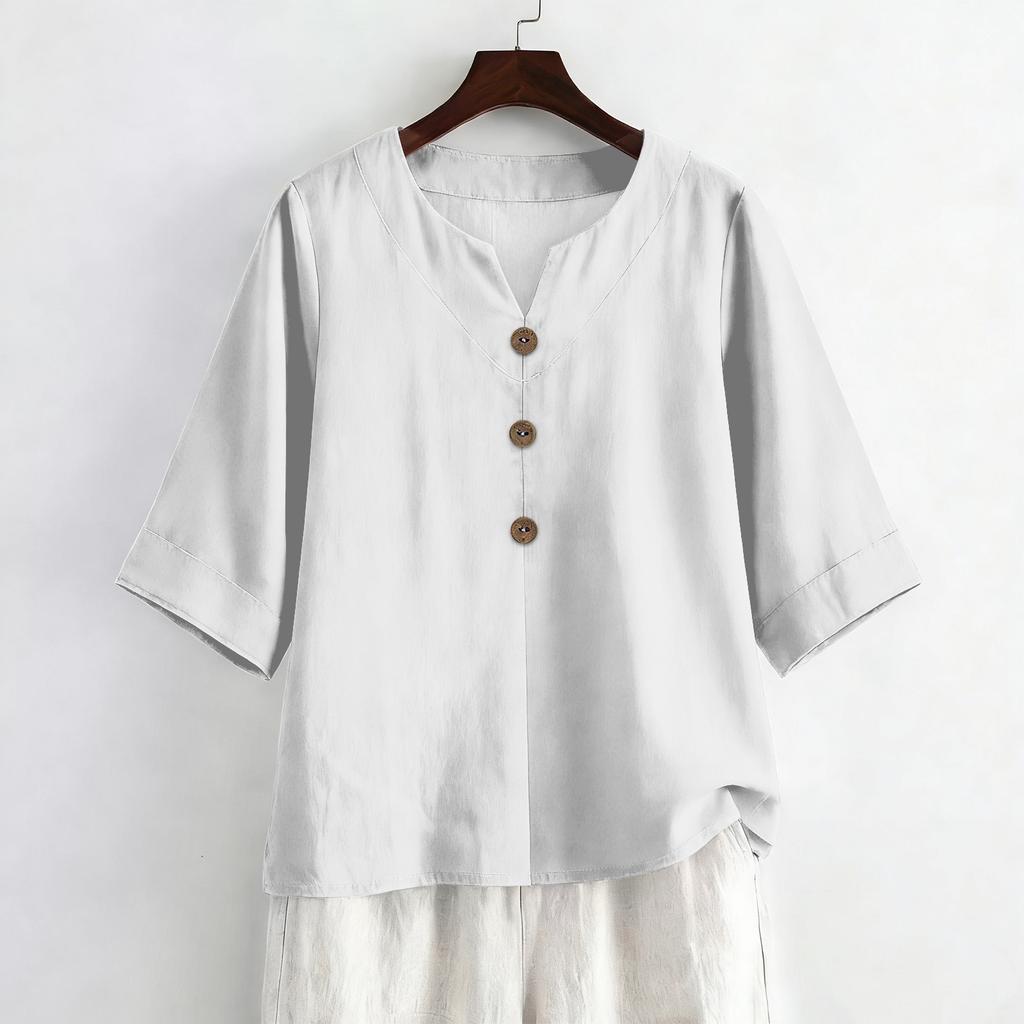 Women's Summer Fashion V-Neck 3/4 Sleeve Linen Shirt - Casual Loose-Fit Top