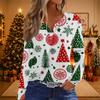 Women's Casual Christmas Print V-Neck Long Sleeve T-Shirt with Decorative Buttons for Holiday Parties