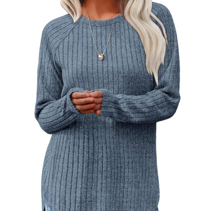 Dámský ležérní svetr s dlouhým rukávem, kulatým výstřihem, dlouhým rukávem, jednobarevný, s žebrováním