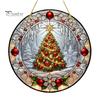 Retro Christmas Tree Hanging Pendant Stained Glass Style Acrylic Window Hanging, Snow Scene Indoor Xmas Party Decorations Suncatcher, Door Home Decor