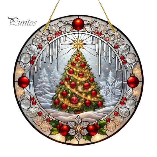 Retro Christmas Tree Hanging Pendant Stained Glass Style Acrylic Window Hanging, Snow Scene Indoor Xmas Party Decorations Suncatcher, Door Home Decor