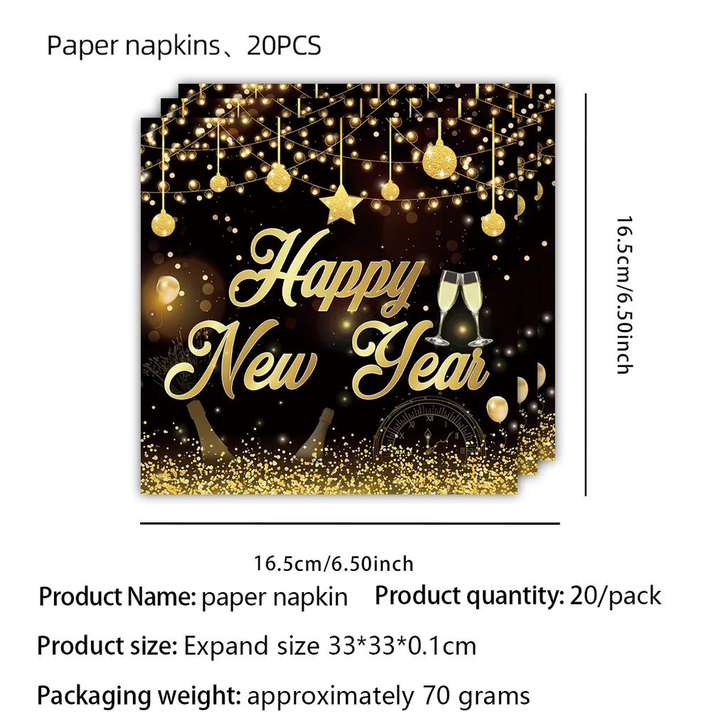 New Years Eve Tableware 2025 Black Gold Theme Balloon Package Cup Napkin Tablecloth Banner Balloon Happy New Year Party Supplies