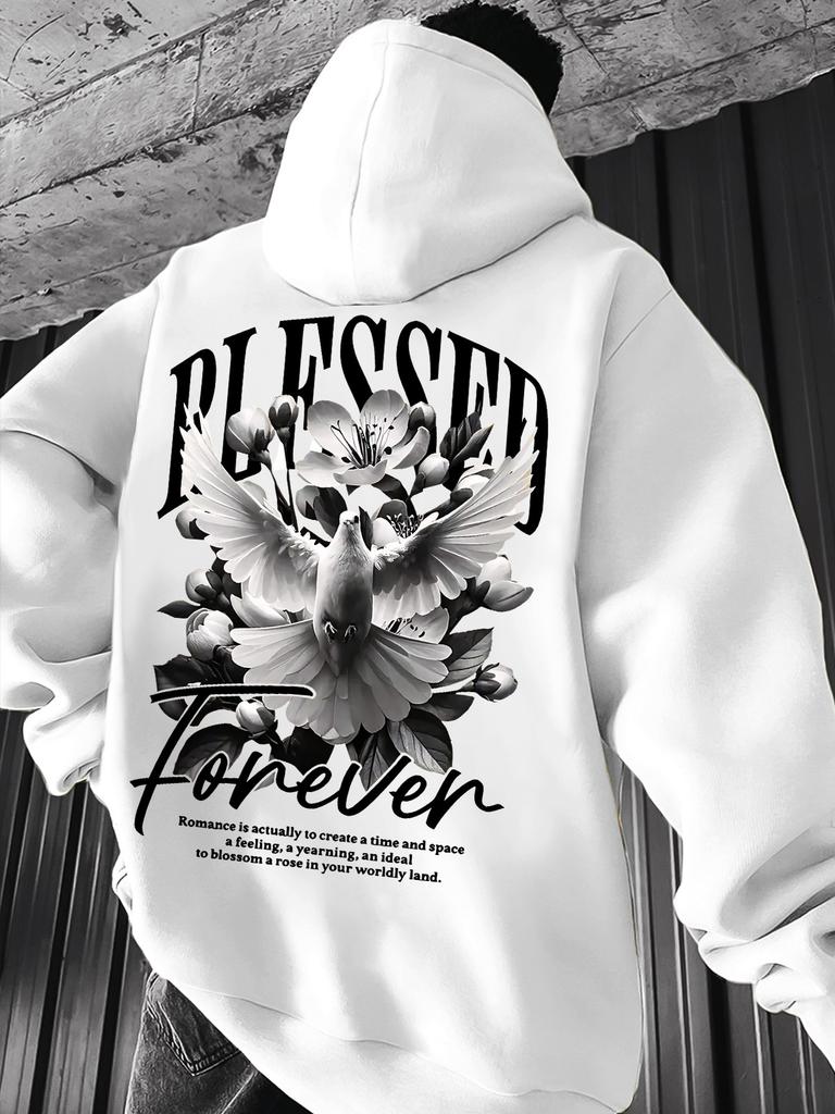 Men's Casual Loose Pigeon-print Fleece Thickened Hooded Sweatshirt for Autumn and Winter Wear