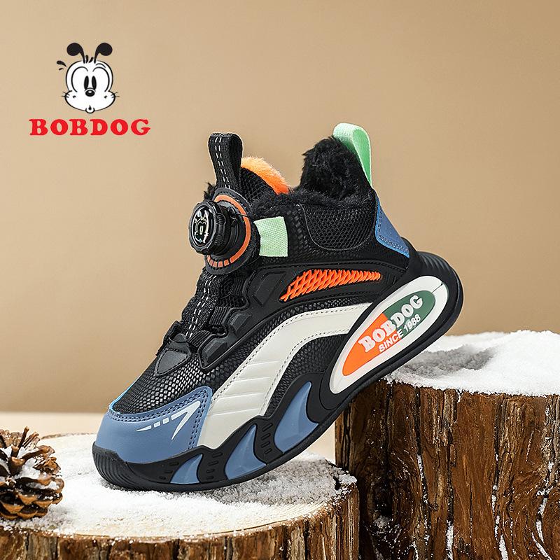 Babu Bean Classmate Boys Fleece Leather Surface Waterproof Sneakers Girls Running Shoes Middle Older Children Rotary Buckle Mesh Shoes