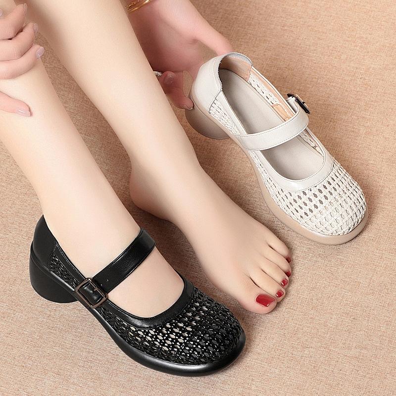 5cm Comfortable All Match Genuine Leather Sandals Round Head Cutout Hole Shoes 2025 Summer Med Block Heels Sandals Office Mom