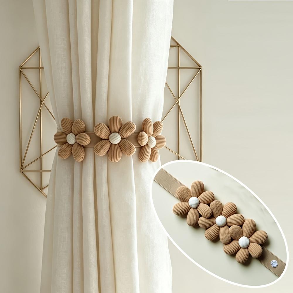 1Pc Boho Elastic Curtain Tieback with Daisy Floral Tassel, Ivory Cream Pattern Invisible Hook Ring, Simple Installation for Home