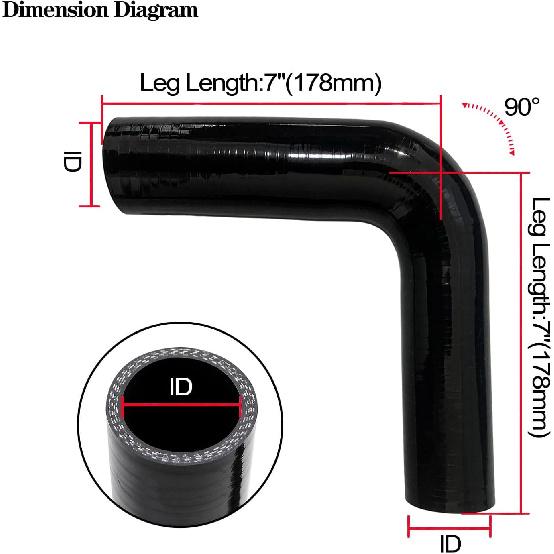 ID 1.5" To 1.75" 90 Degree Reducer Silicone Elbow Coupler, 7" Leg Length (178mm) Universal 4-Ply Reinforced Silicone Radiator Hose Reducer Intake