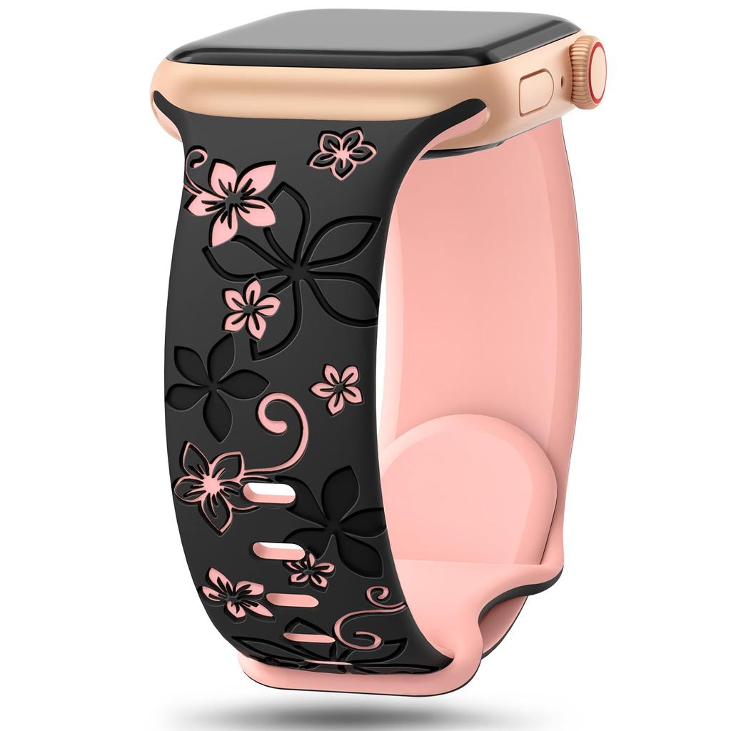 Floral Engraved Strap For Apple Watch Band 46mm 41mm 40mm 44mm 45mm 42mm 49mm Silicone Sport iWatch Series 11 10 SE 9 8 Ultra 2