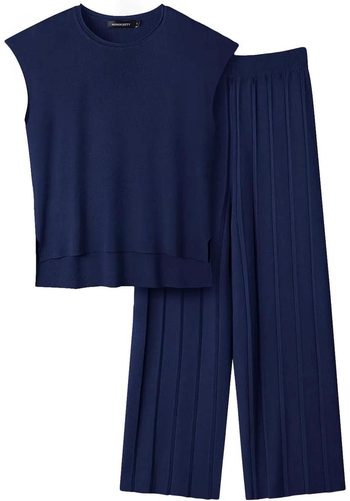 2026 Solid Color Knit Set: Sleeveless Top & Wide-Leg Crop Pants, Slim Fit, Round Neck