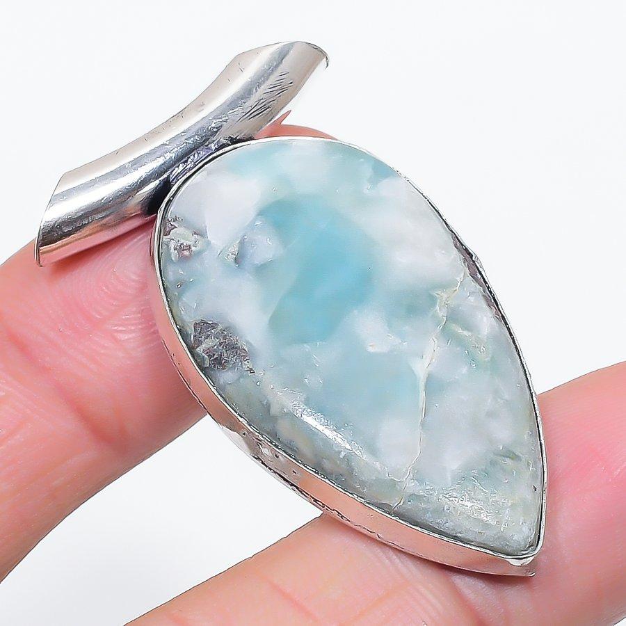 Natural Larimar Gemstone Handmade 925 Sterling Silver Jewelry Pendant 1.85" v1Z18