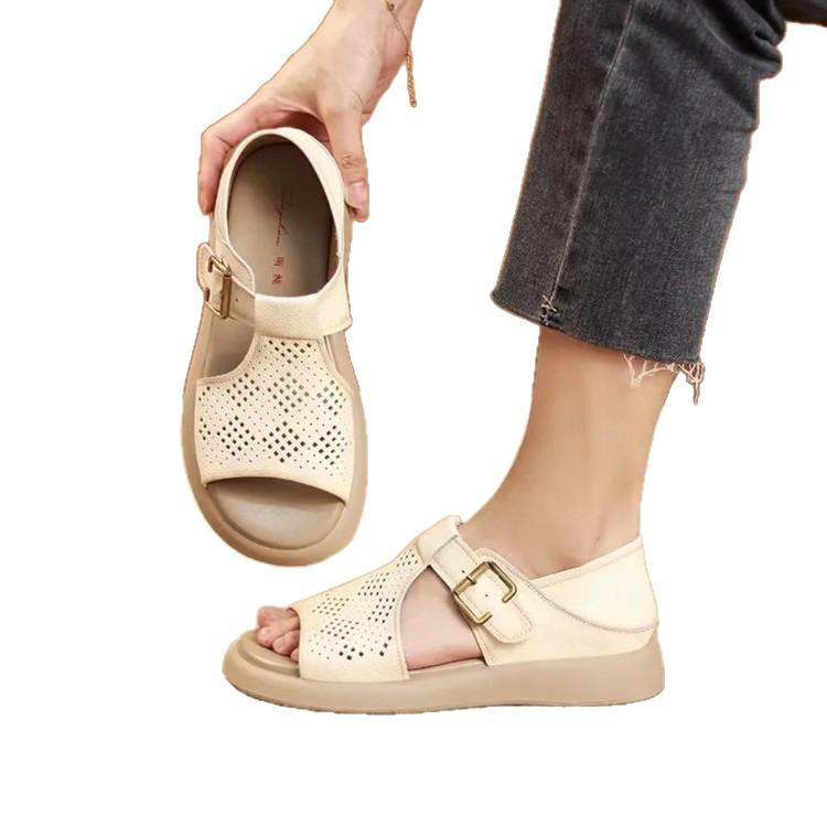2025 summer new thick-soled open-toed sandals female mother one-word buckle comfortable casual flat-soled hollowed-out sandals