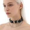 Unisex European Punk Black Leather Choker with Metal Chain and Lock Pendant.