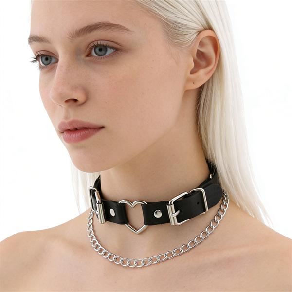 Unisex European Punk Black Leather Choker with Metal Chain and Lock Pendant.