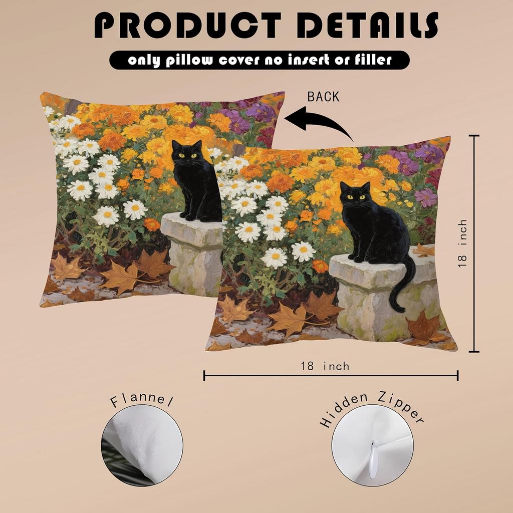 Floral Black Cat Pillow Cover 18x18, Cat Lovers Gifts for Women, Garden Cats Decorative Pillowcase for Home Bedroom Living Room