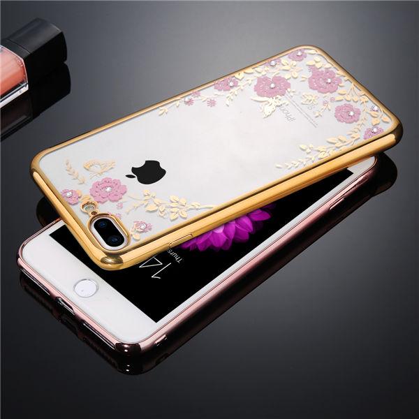 Rose Gold Plating Frame Clear Soft TPU Back Cover Bling Diamond Flower Case For iPhone/Samsung