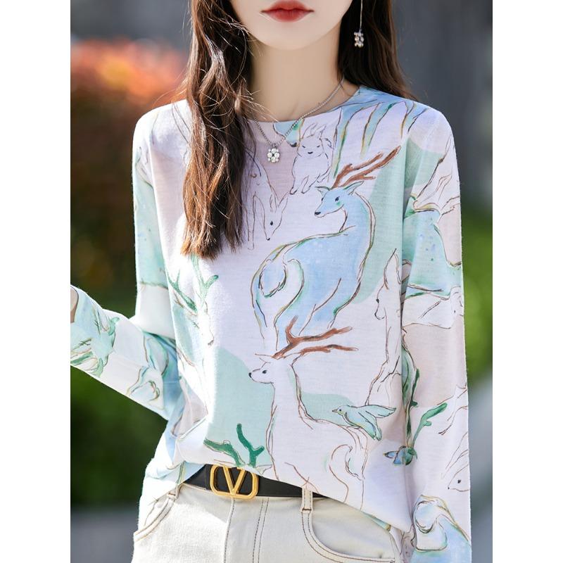 Latest Summer Style Womens Stylishable and Versatile Mulberry Silk Round Neck Long Sleeve T-shirt Knitted Sweater