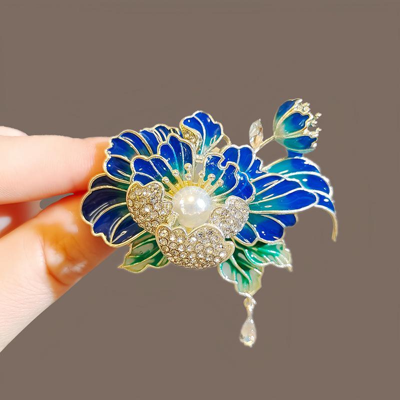 Korean Style Pearl Enamel Peony Brooch - Women's High-End DIY Corsage Pin