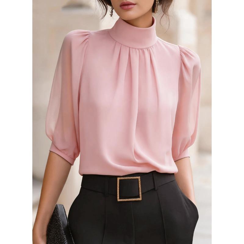 IHUASU Women's Fashion High Neck 1/2 Sleeves Casual Blouses & Shirts Elegant
