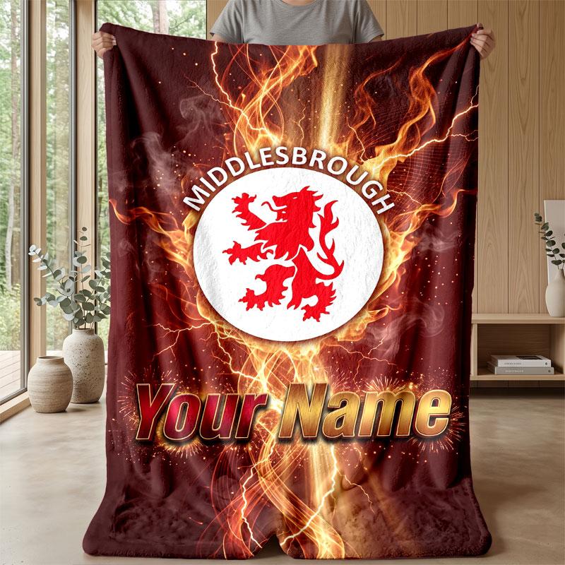 Middlesbrough FC Custom Name Text Flannel Blanket Soccer Logo Personalized Fleece Throw Blanket Special Gift For Sofa Bedroom Home